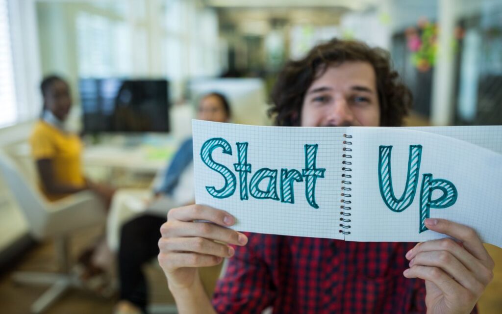 Startup team discussing OKRs for business success